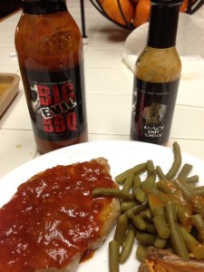 An "Evil" meal of pork tenderloin and green beans with Big Evil BBQ and Asylum Hot Sauce for the beans!