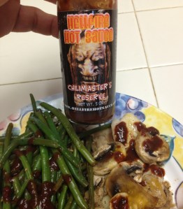 Hellfire Hot Sauce Chilimaster's Reserve on veggies and fish